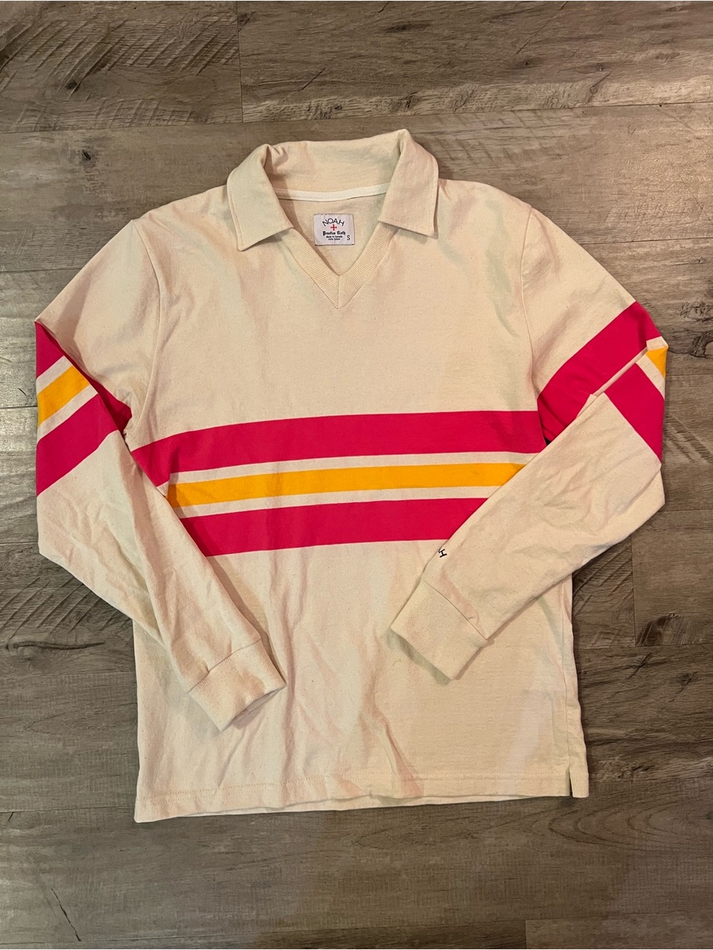 NOAH NYC Pitch Practice Stripe Polo Ivory Rose Gold Made in Canada Sz S